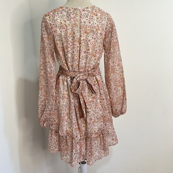 Japna Floral Faux Wrap Chiffon Dress Womens Size Medium Tiered Long Sleeves Pink - Picture 2 of 16